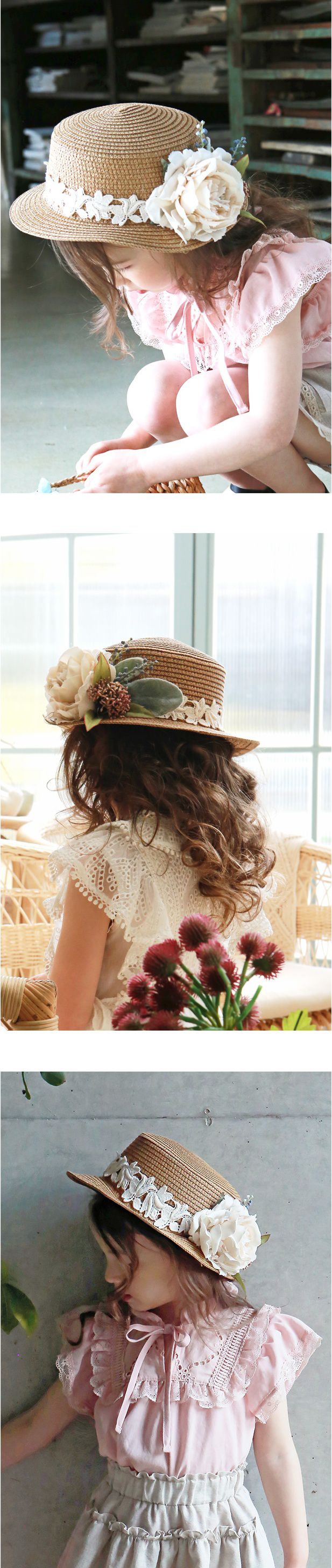 韓國 PuellaFLO - 華麗花朵鏤空花圈草帽-米白色花