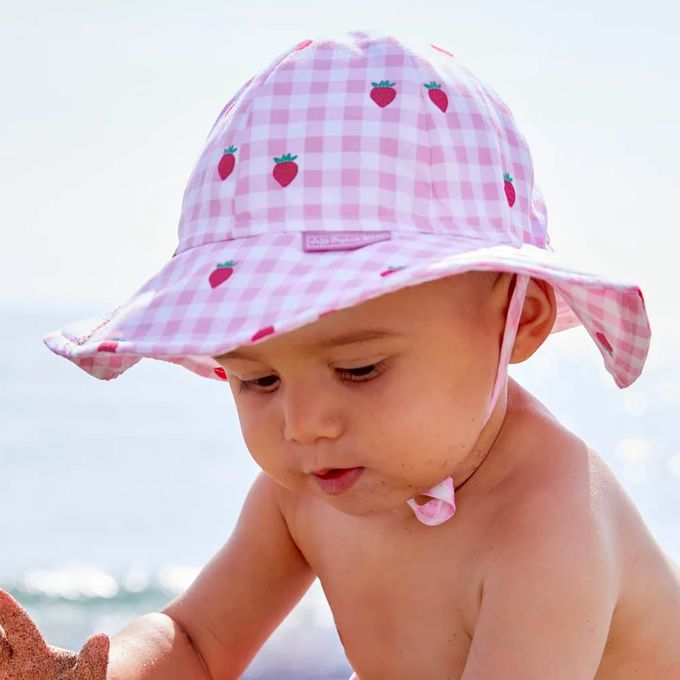 英國 JoJo Maman BeBe - 嬰幼兒/兒童泳裝戲水UPF50+綁帶遮陽帽-草莓甜心