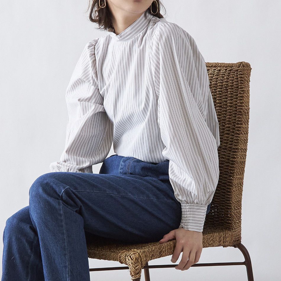 日本 Rejoule - 小立領浪漫澎袖上衣-白灰杏 (M(Free size))