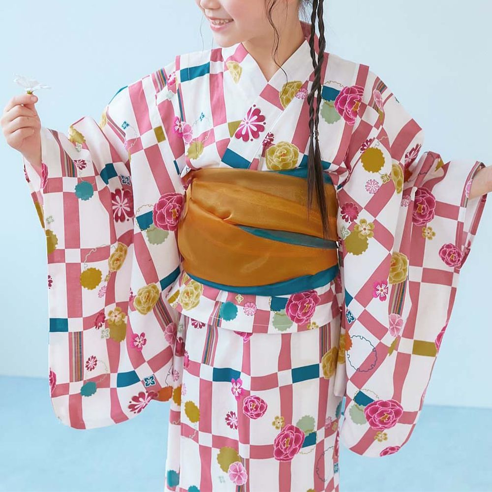 純棉 2way穿搭華麗浴衣洋裝(4件組)-格子小花-粉紅