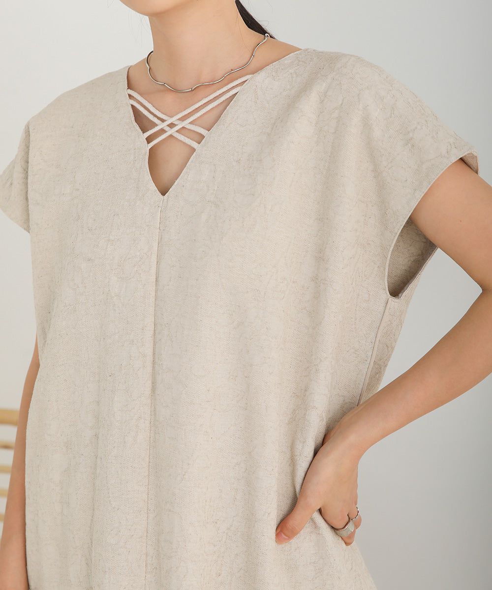 日本 Bab - 2WAY質感棉麻法式袖洋裝-米杏