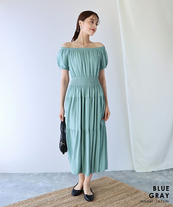 日本 BLUE EAST - 絕美平口縮腰泡泡袖洋裝-碎花-藍