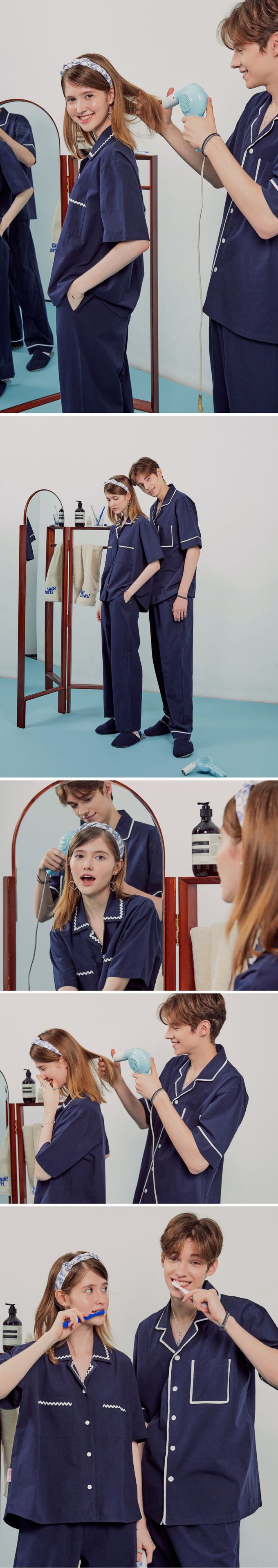 韓國 ULLALA - (情侶款)經典純色短袖長褲睡衣套裝-女款-深藍 (FREE)