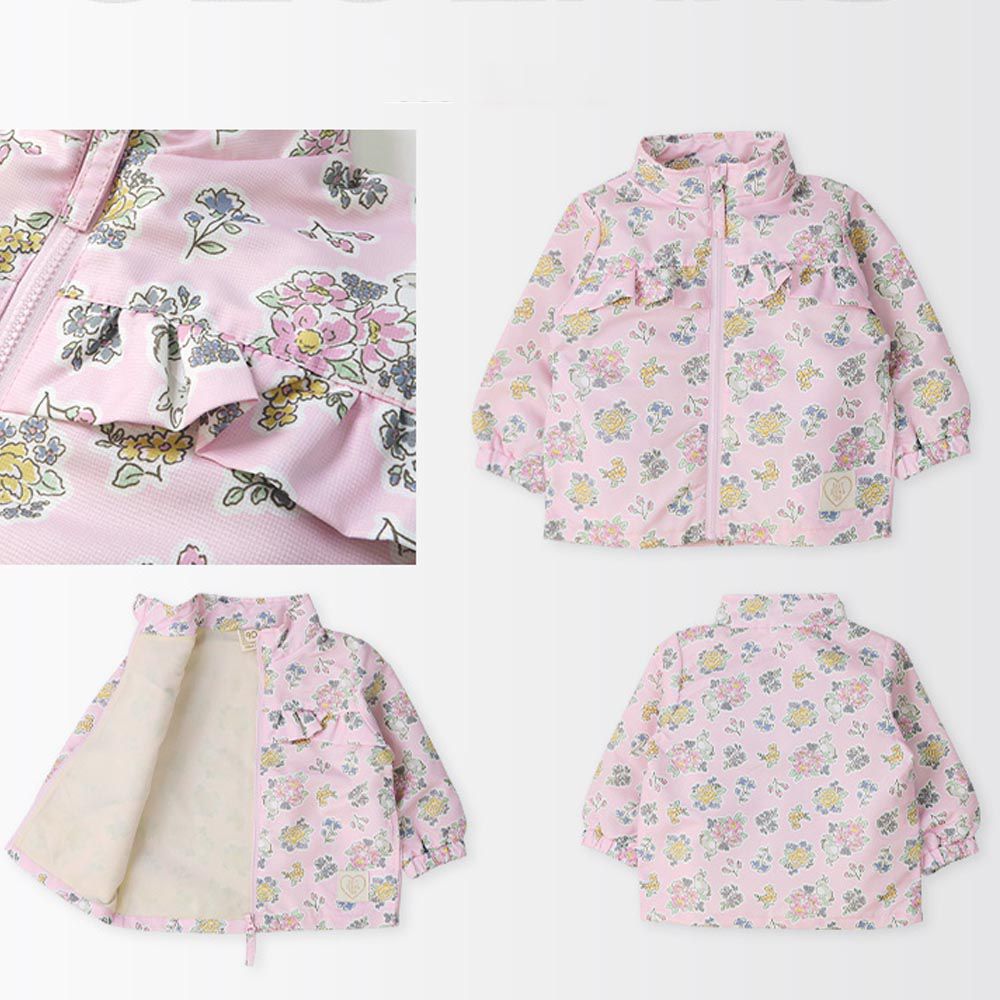 日本 ZOOLAND - 撥水加工 防風刷毛鋪棉外套-浪漫花園-粉紅