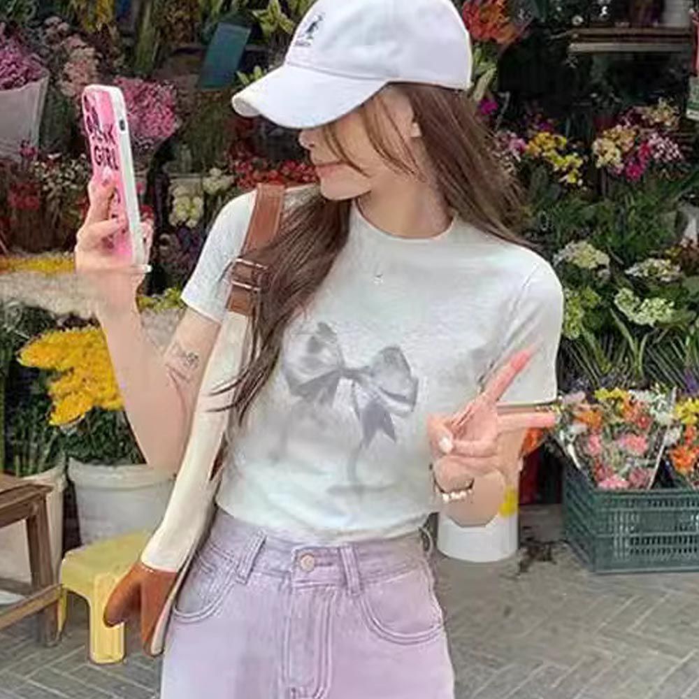 減齡微短版圓領短袖上衣/T恤-蝴蝶結-灰色 (F)