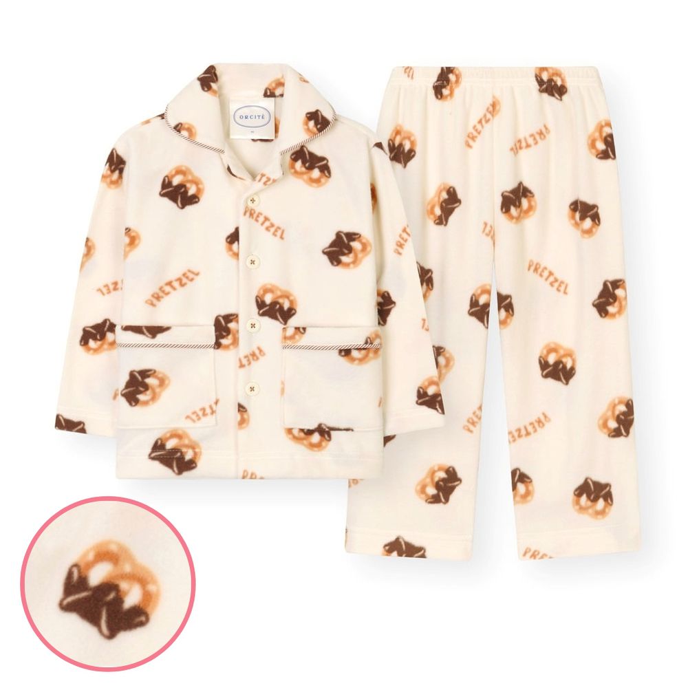 (男女寶適穿)輕柔彈保暖搖粒絨長袖睡衣套裝-蝴蝶餅乾-米
