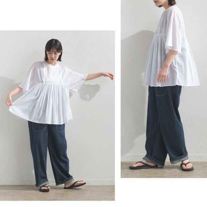 日本 OMNES - 純棉巴里紗柔美皺摺寬袖上衣-灰棕