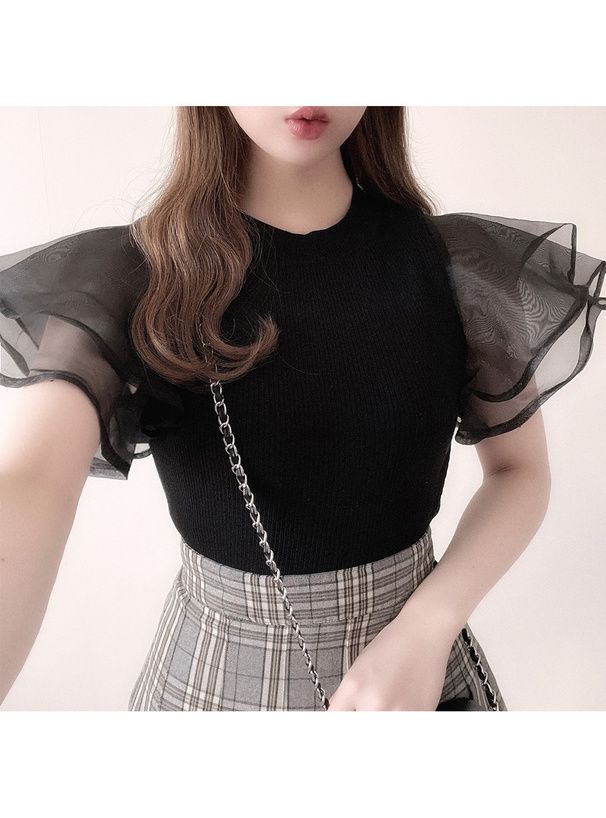 日本 GRL - 夢幻薄紗拼接圓領短袖上衣-天使白