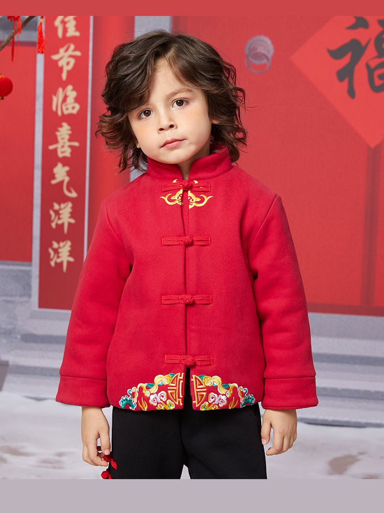 漢服風喜氣拜年立領盤釦外套-福氣祥雲-紅色