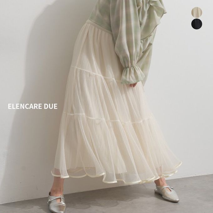 日本 ELENCARE DUE - 飄逸分層微閃亮百褶紗裙(全腰鬆緊)-米白