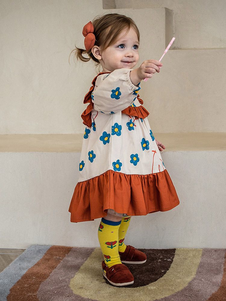 韓國Pimpollo - 微笑花朵荷葉邊洋裝-橘