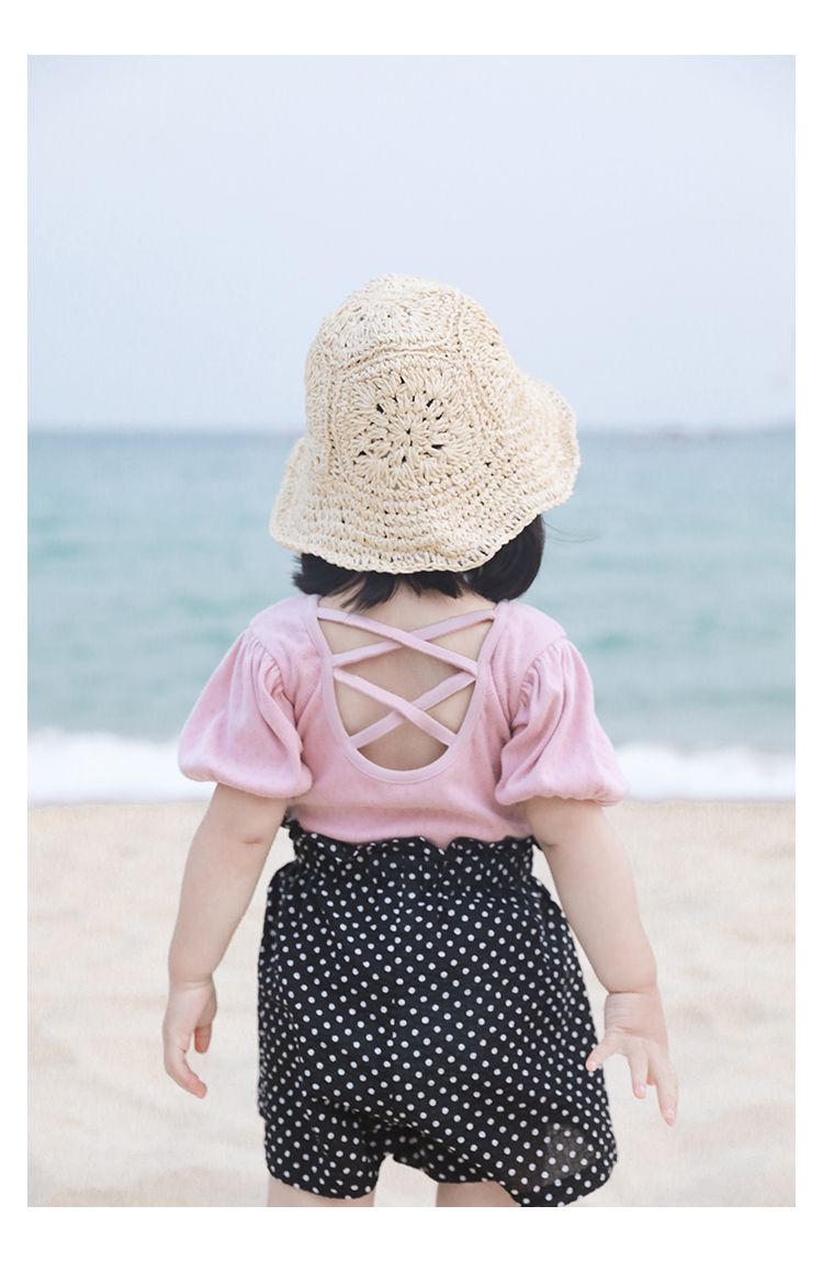 鳥眼簍空泡泡袖上衣-黃色