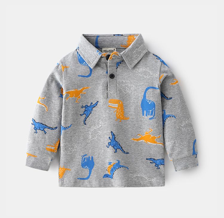 WELLKIDS - 卡通印花長袖POLO上衣-恐龍散步-深藍色