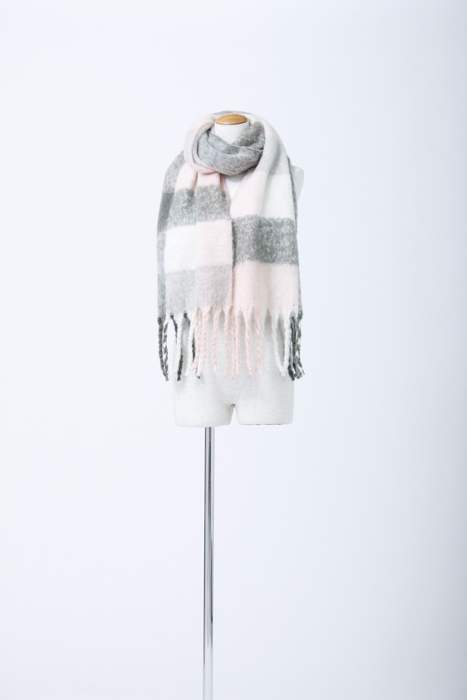 日本 AUBE - 柔軟文藝感格紋流蘇圍巾-摩卡棕