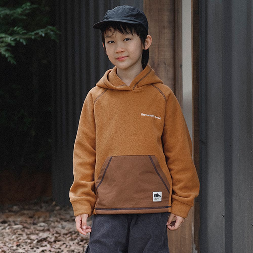 撞色車線搖粒絨長袖連帽上衣-卡其棕