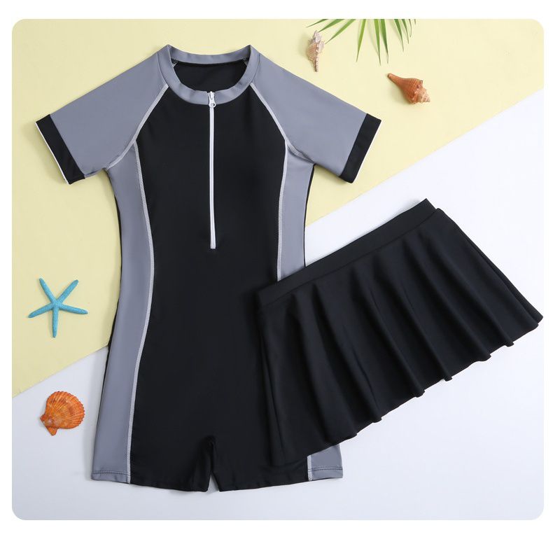 大童女孩運動風短袖連身裙泳衣套裝(二件組)-黑色-泳衣、裙子