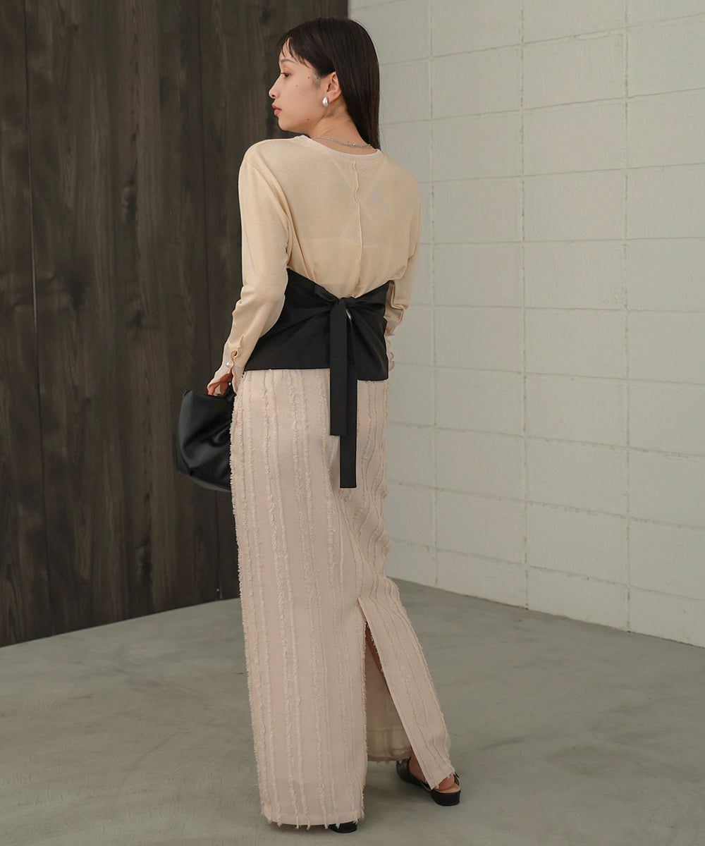 日本 Bab - 楊柳拼接珍珠薄長袖上衣-米杏