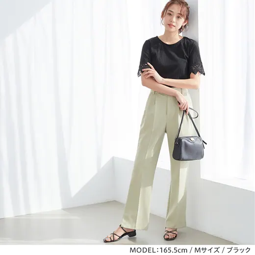 日本 BELLUNA - 蕾絲拼接袖直羅紋短袖上衣-淺灰