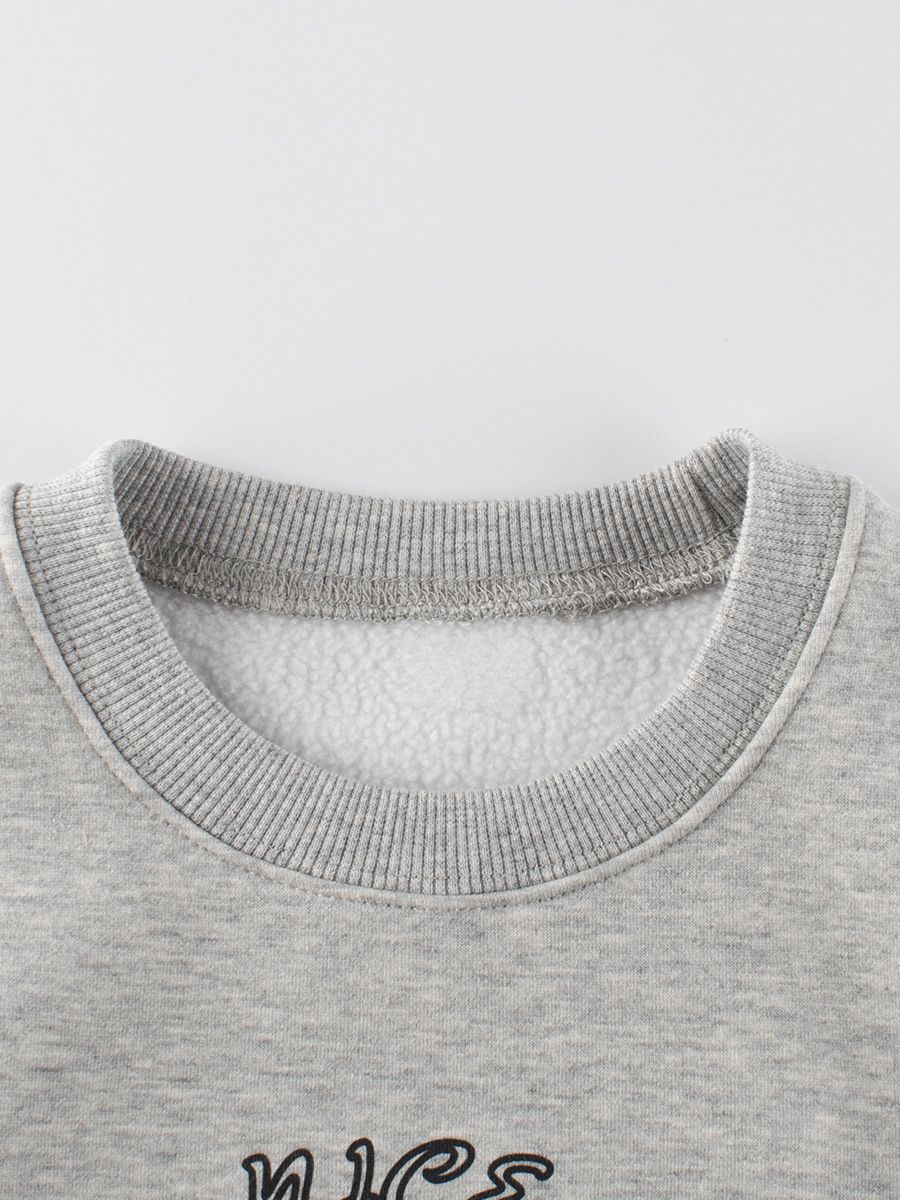 加絨圓領長袖上衣/大學T-繽紛熊熊-灰色