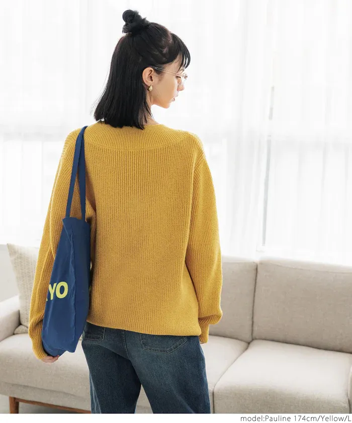 日本 COCA - 文藝V領羅紋針織毛衣-芥黃