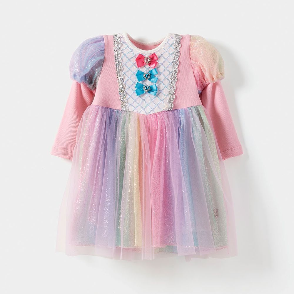 繽紛彩虹亮片童話網紗長袖公主洋裝-粉