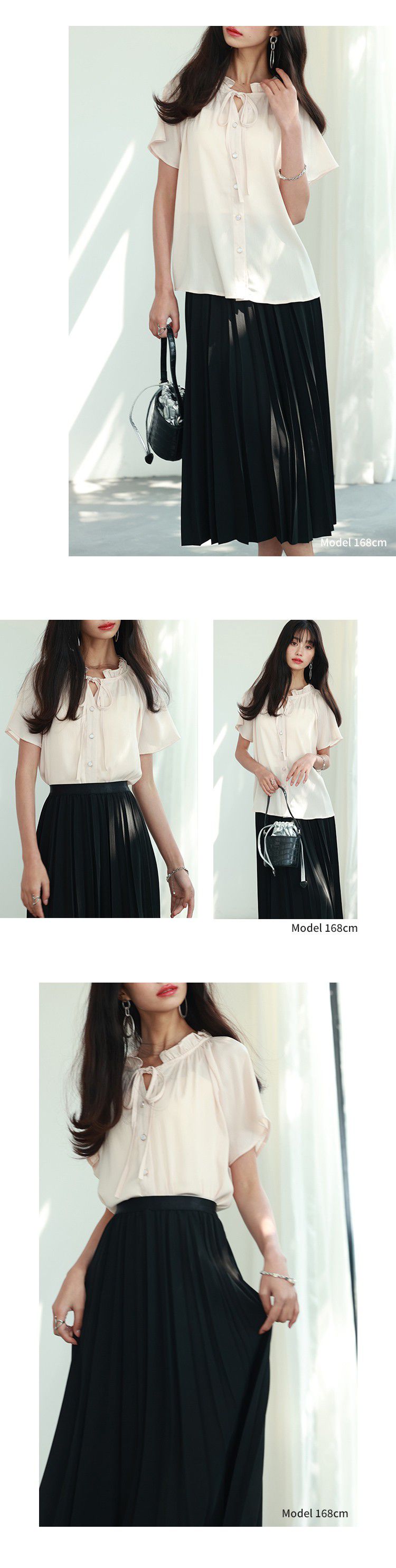 日本女裝代購 - 甜美綁帶木耳領短袖襯衫-白