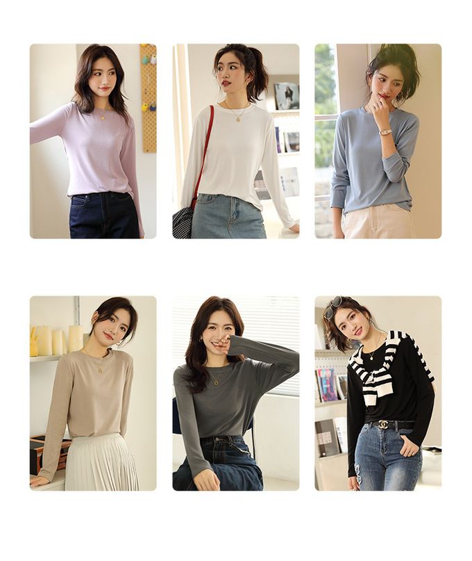 圓領寬鬆素色長袖上衣-紫色 (F)