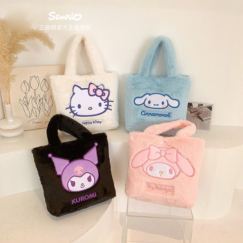 卡通毛茸茸大容量手提袋-卡通人物Hello Kitty-白色 (30x10x(27+17)cm)