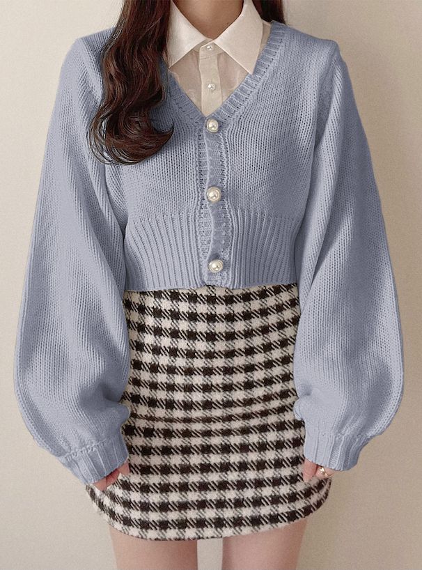 日本 GRL - 公主珍珠釦泡泡袖針織外套-天使白 (F)