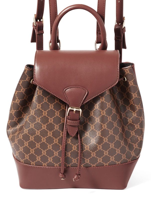 日本 GRL - 滿版花押字撞色拼接束口後背包-深咖啡 (F)