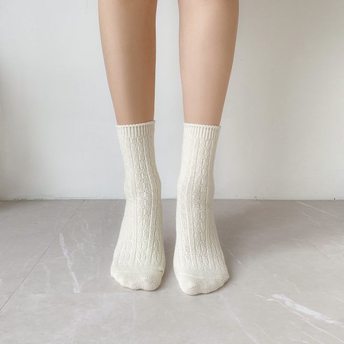 韓國Marian - 花紋素色羊毛保暖襪-芥茉黃 (Free)