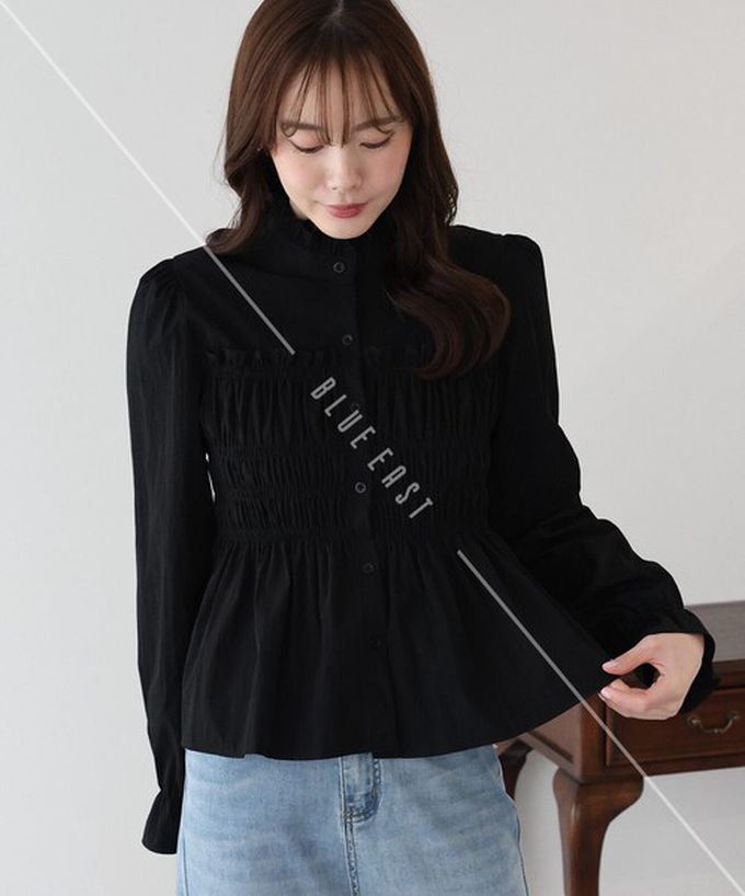 日本 BLUE EAST - 小立領荷葉皺摺束腰長袖襯衫-白