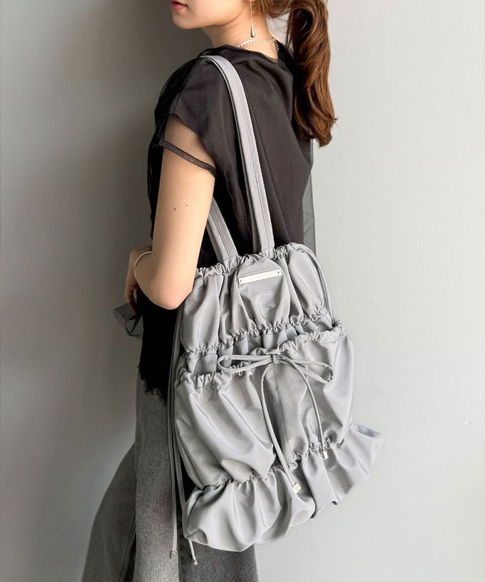 日本 Classical Elf - 休閒感皺摺蝴蝶結肩背包(可收A4)-淺灰