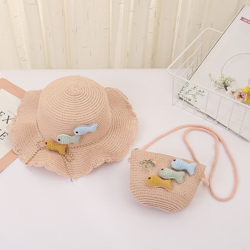 日系不規則大帽簷草帽/遮陽帽(附小背包)-小魚-咖啡色 (建議2-8歲)
