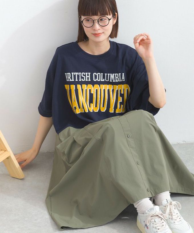 日本 Lupilien - 異素材撞色學院風俐落短袖洋裝-海軍藍