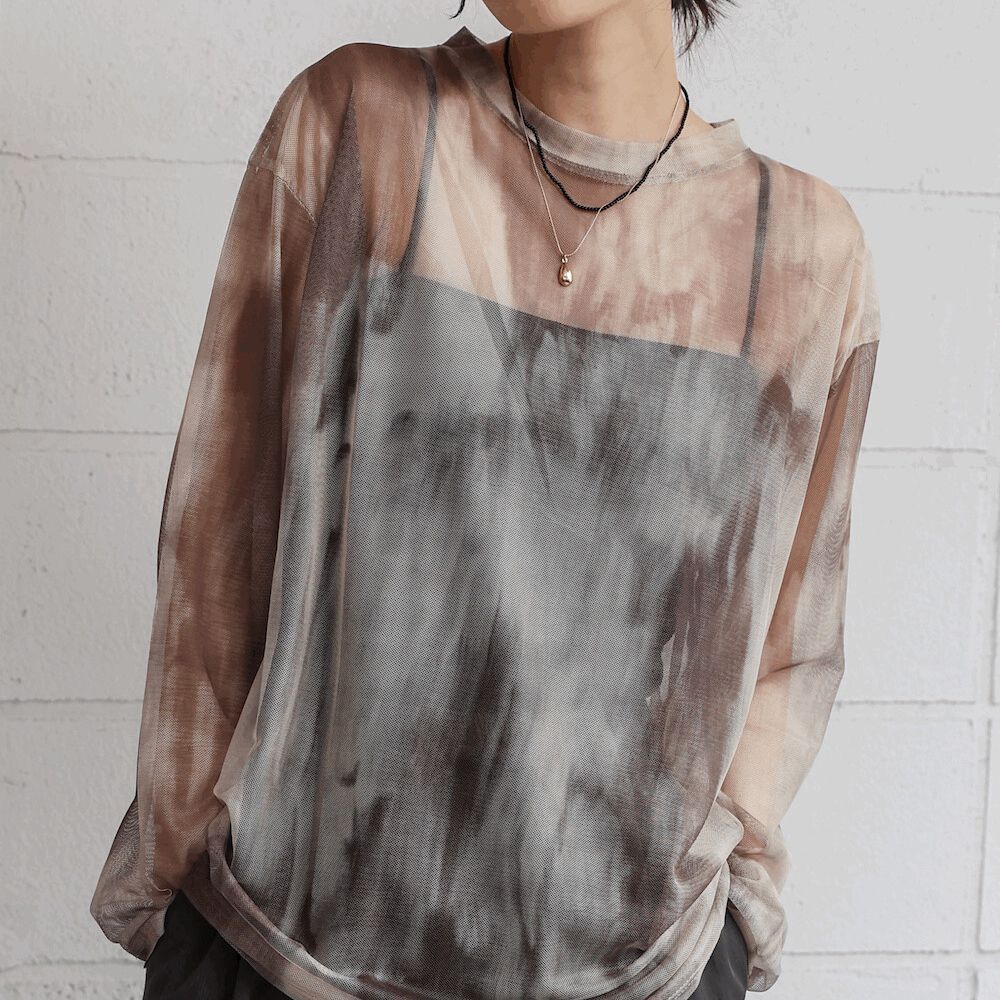 雲彩風格透膚美型長袖上衣-灰綠