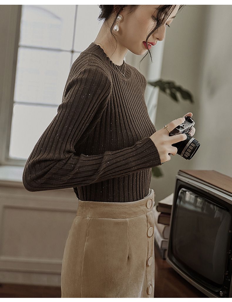 優雅百搭坑條修身針織上衣-咖啡色