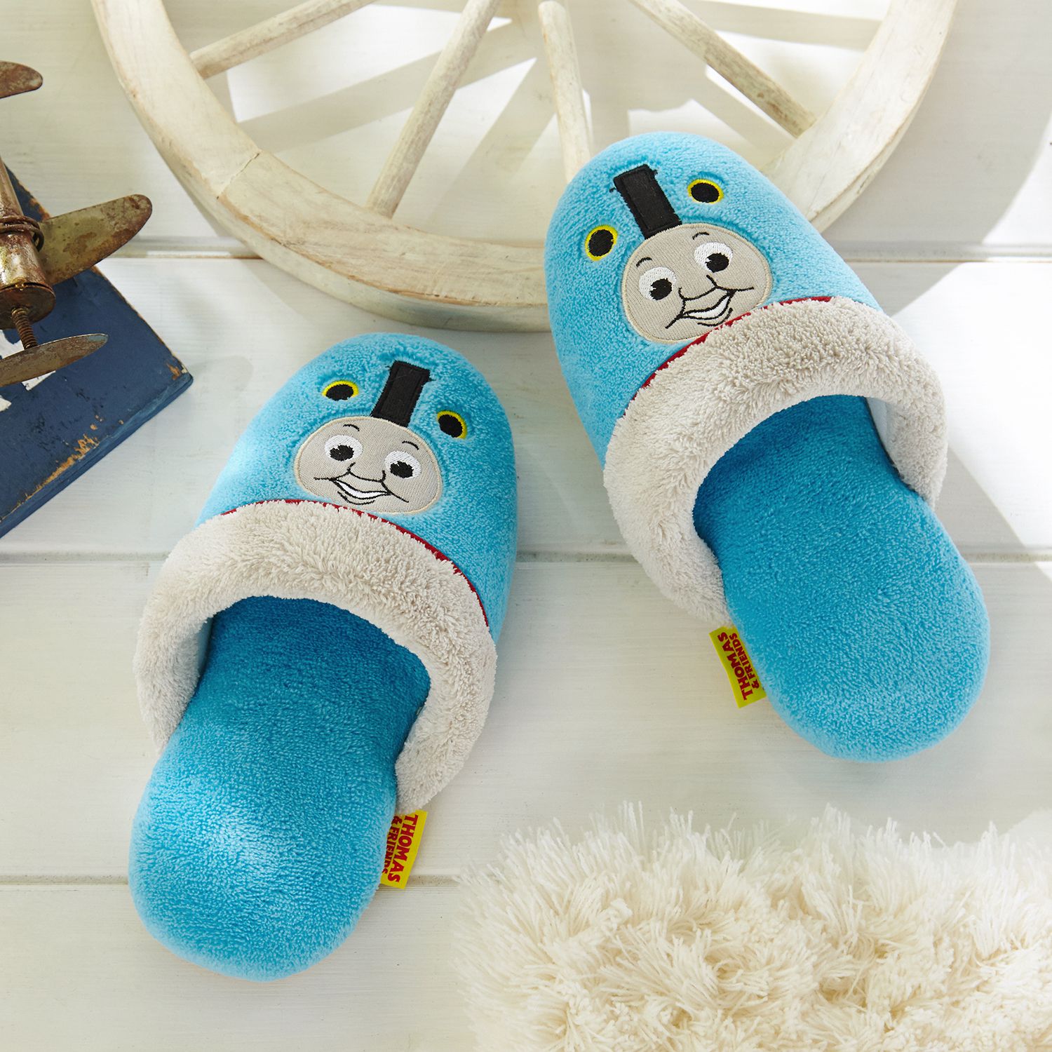 日本千趣會 - 湯瑪士 兒童毛茸茸室內拖-車頭-水藍 (16-18cm)