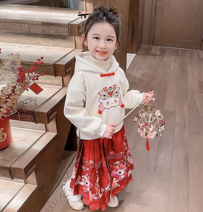 love, charlotte - 甜美拜年龍年圖騰連帽衛衣馬面裙套裝-加厚加絨上衣