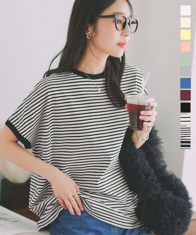 日本 Kobe Lettuce - 100%棉 修身法式袖上衣-(可選領)-白領黑條紋