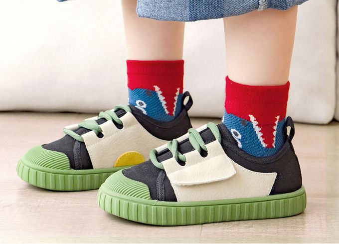 恐龍條紋網眼短筒棉襪