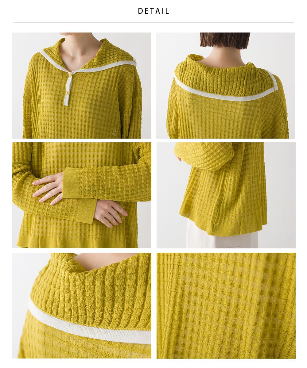 日本 OMNES - 水手領鬆餅紋薄針織上衣-水藍