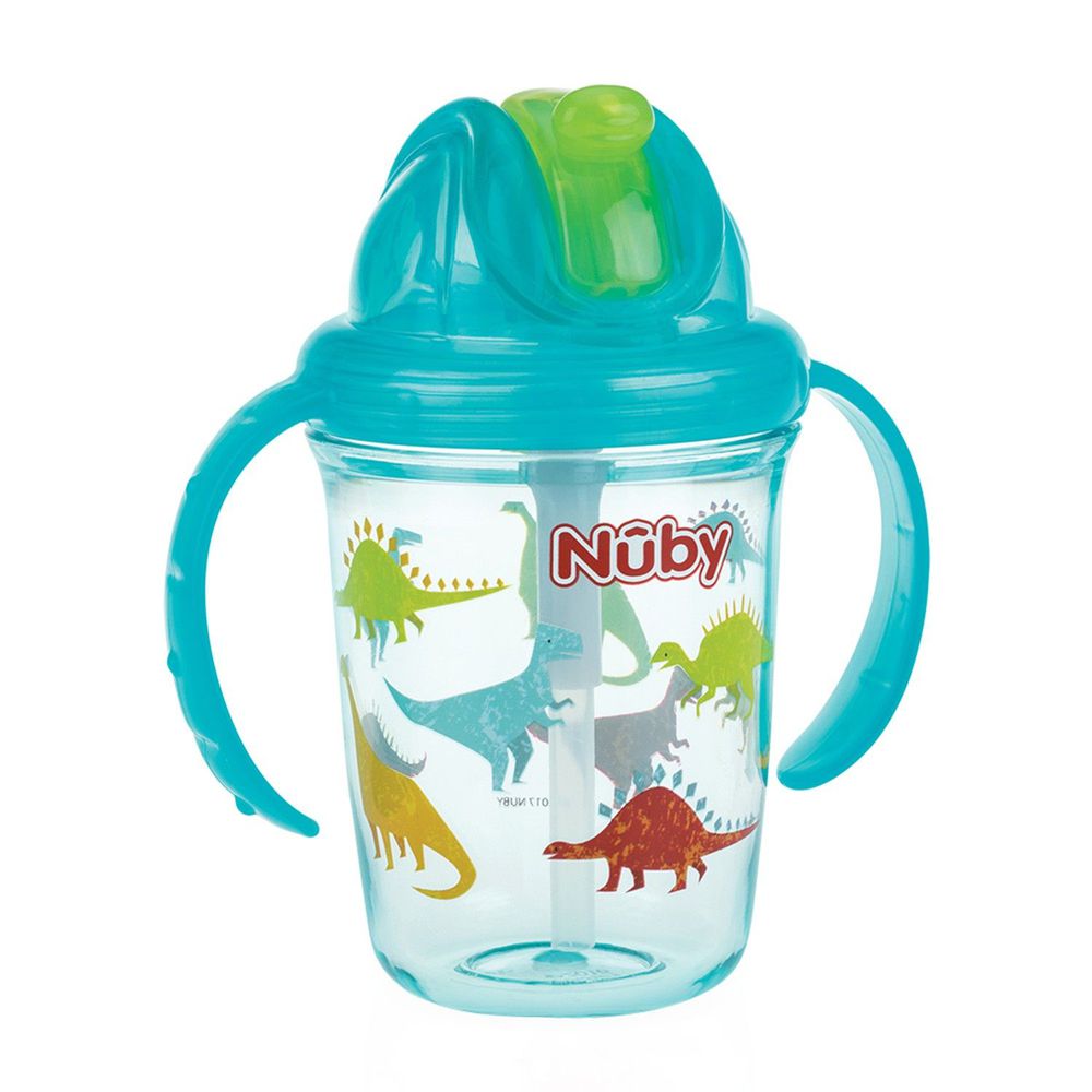 Nuby - 晶透杯系列 雙耳學飲杯-恐龍-藍-240ml (細吸管)