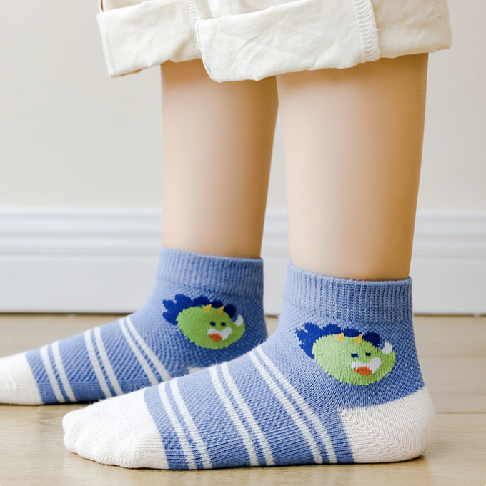 love, charlotte - 卡通條紋恐龍網眼短筒棉襪-5 雙一組