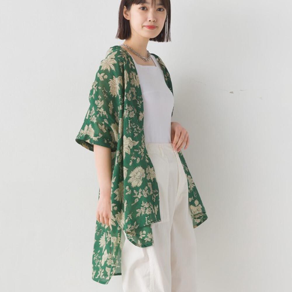日本 OMNES - 100%印度棉 夏日印花輕盈寬版襯衫-綠底滿版花