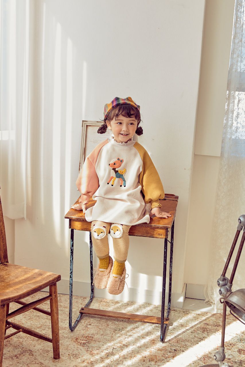 韓國 Mimico - (裏起毛)(附髮帶)立體小鹿拼接色泡泡袖洋裝