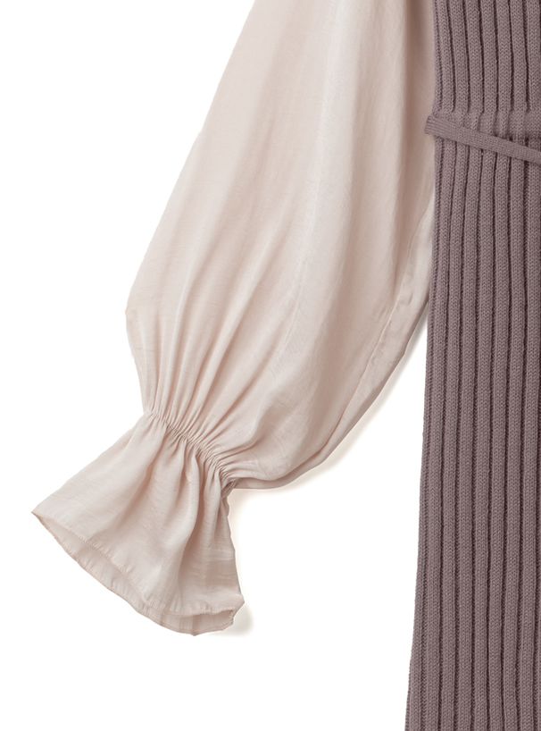 日本 GRL - 異材質拼接雪紡袖針織長洋裝-摩卡