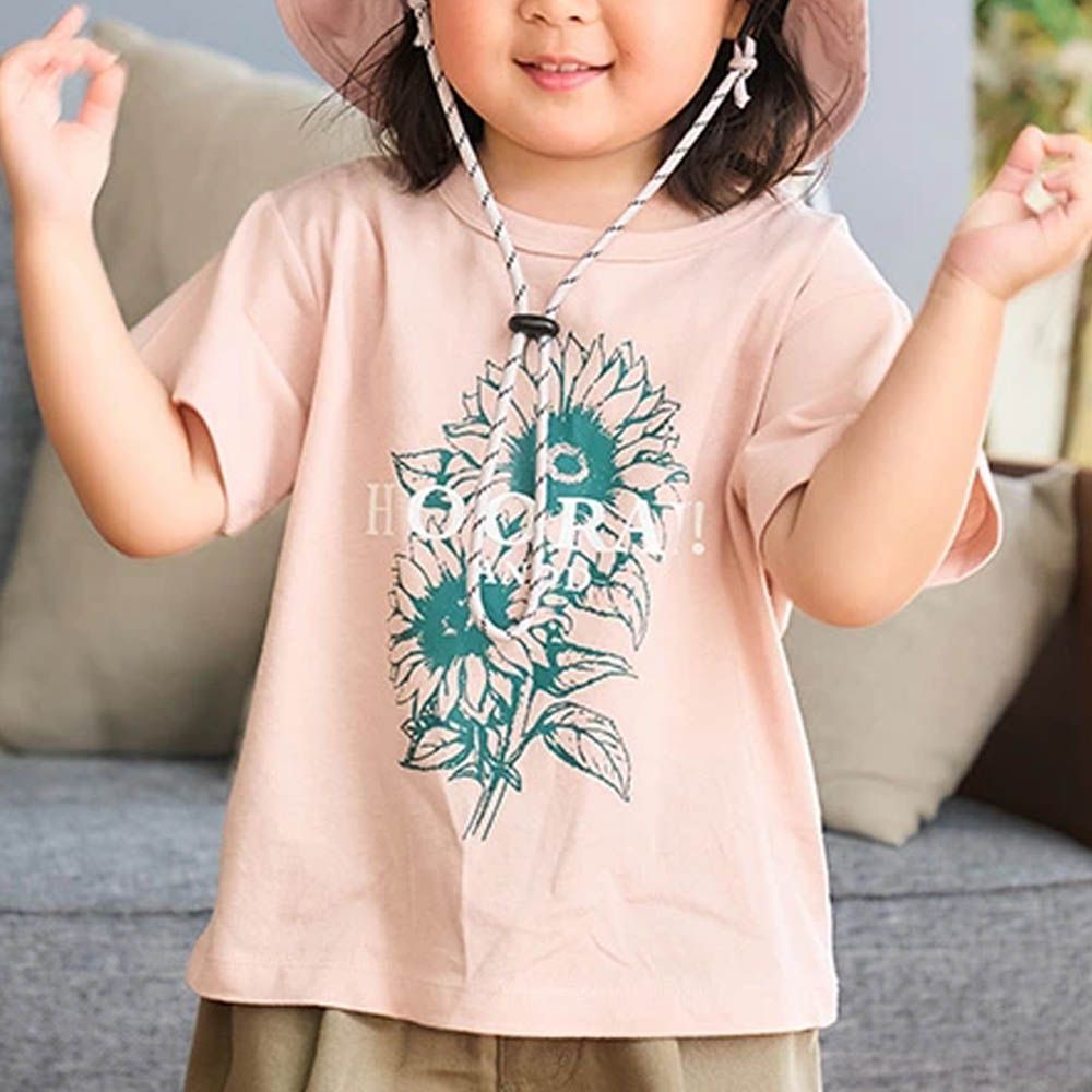 100%棉 清新印花短袖上衣-向日葵-鮭魚粉