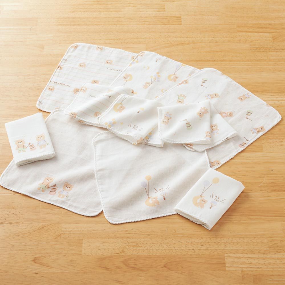 akachan honpo - 棉紗手帕10入組-週年紀念小熊-米白色 (22×22cm)