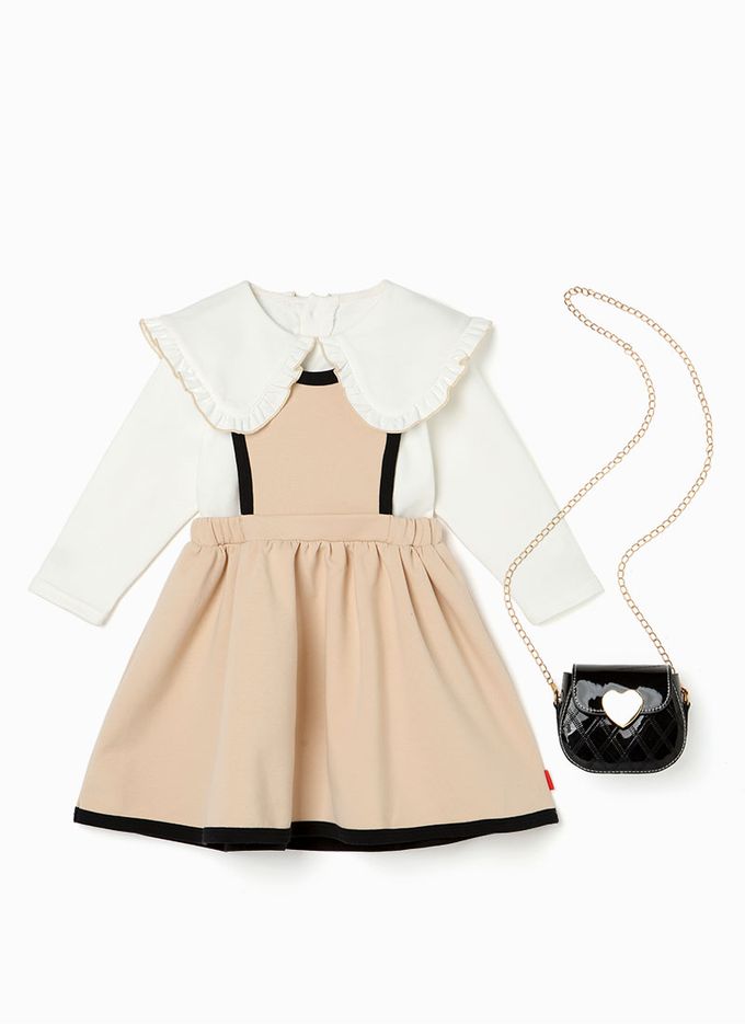 韓國 OZKIZ - (附包包)兩件式英倫背心洋裝套裝-米X卡其